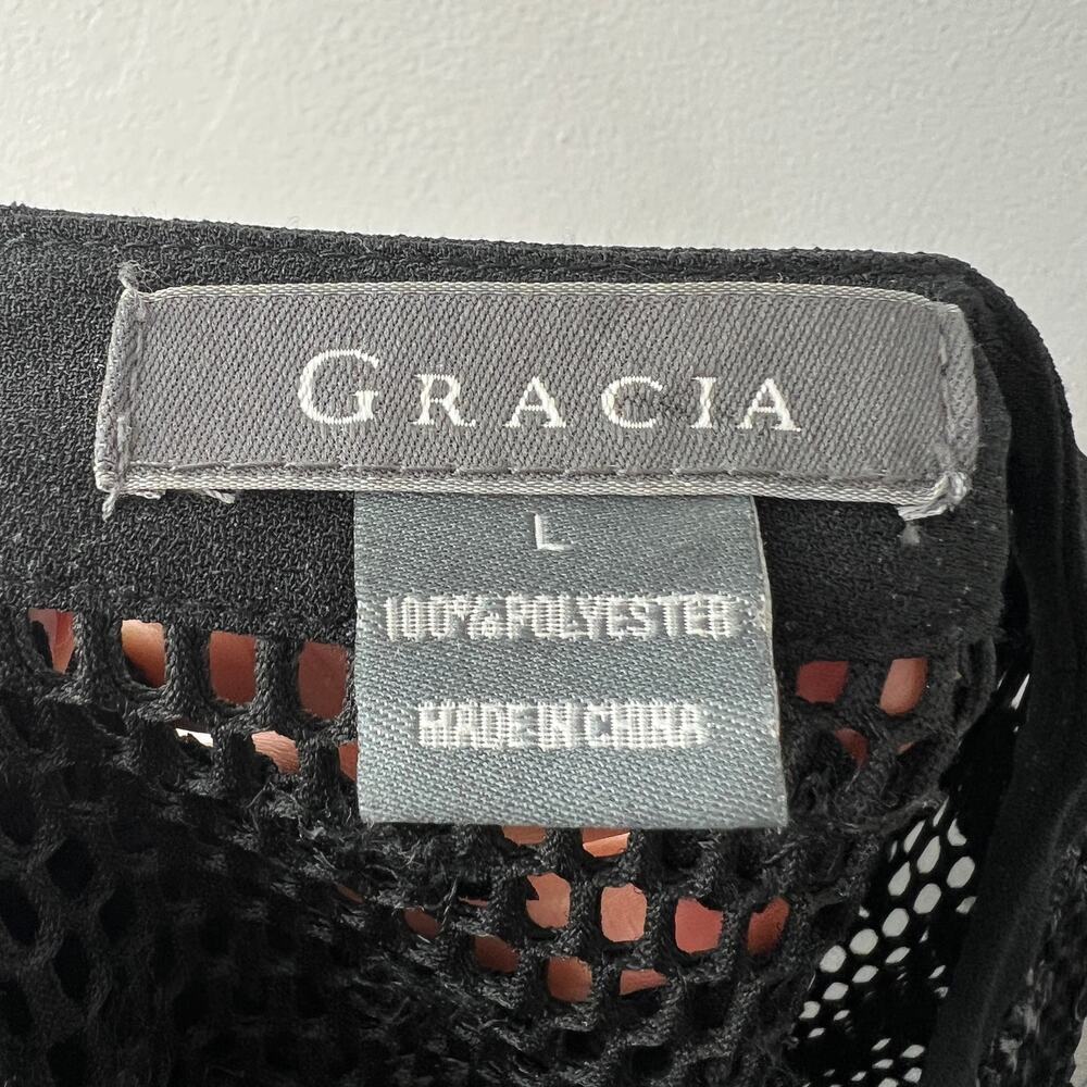 GRACIA Black Top Mesh Floral Crew Neck 3/4 Sleeve Back Zip Classic Size Large L - Picture 7 of 8
